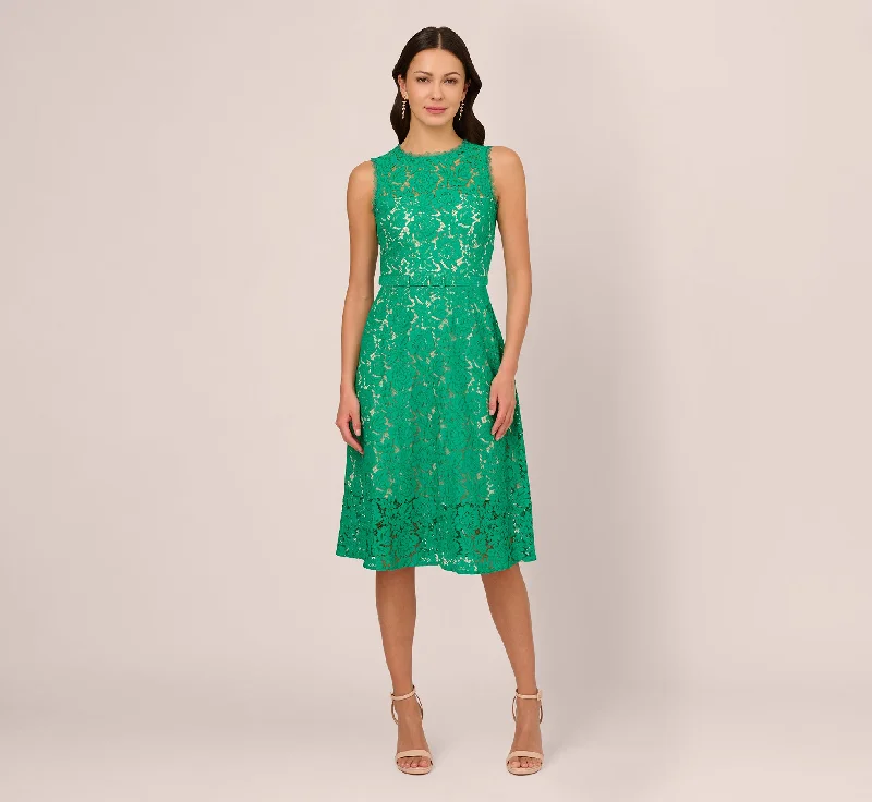 Wedding guest dresses with luxurious fabrics like satin and silk -Sleeveless Lace Fit And Flare Dress With Sheer Details In Botanic Green Wedding guest dresses with luxurious fabrics like satin and silk -Sleeveless Lace Fit And Flare Dress With Sheer Details In Botanic Green