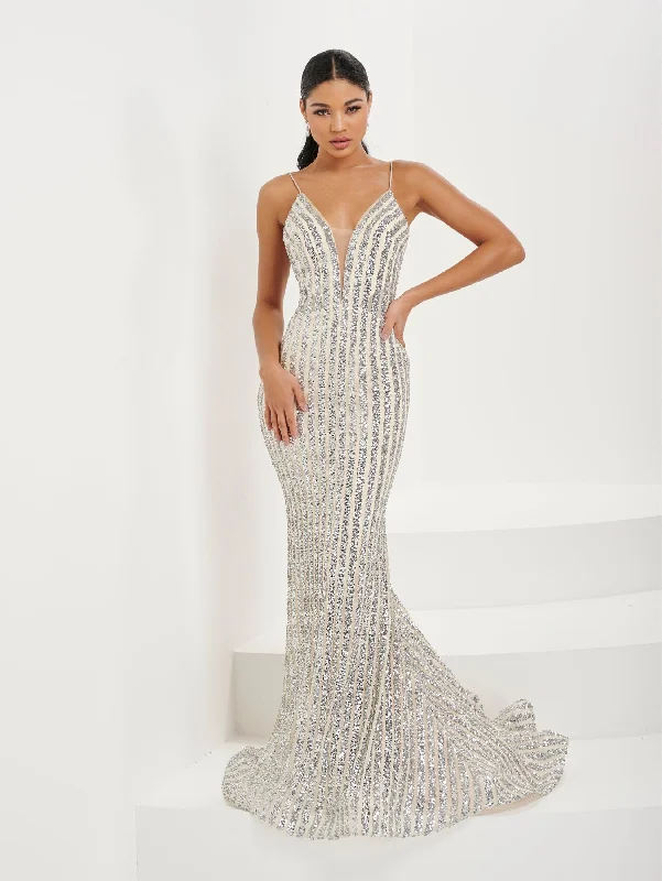 cocktail dresses with bow back details for cute accents --Fitted Linear Sequin Deep V-Neck Gown by Tiffany Designs 16092 cocktail dresses with bow back details for cute accents --Fitted Linear Sequin Deep V-Neck Gown by Tiffany Designs 16092