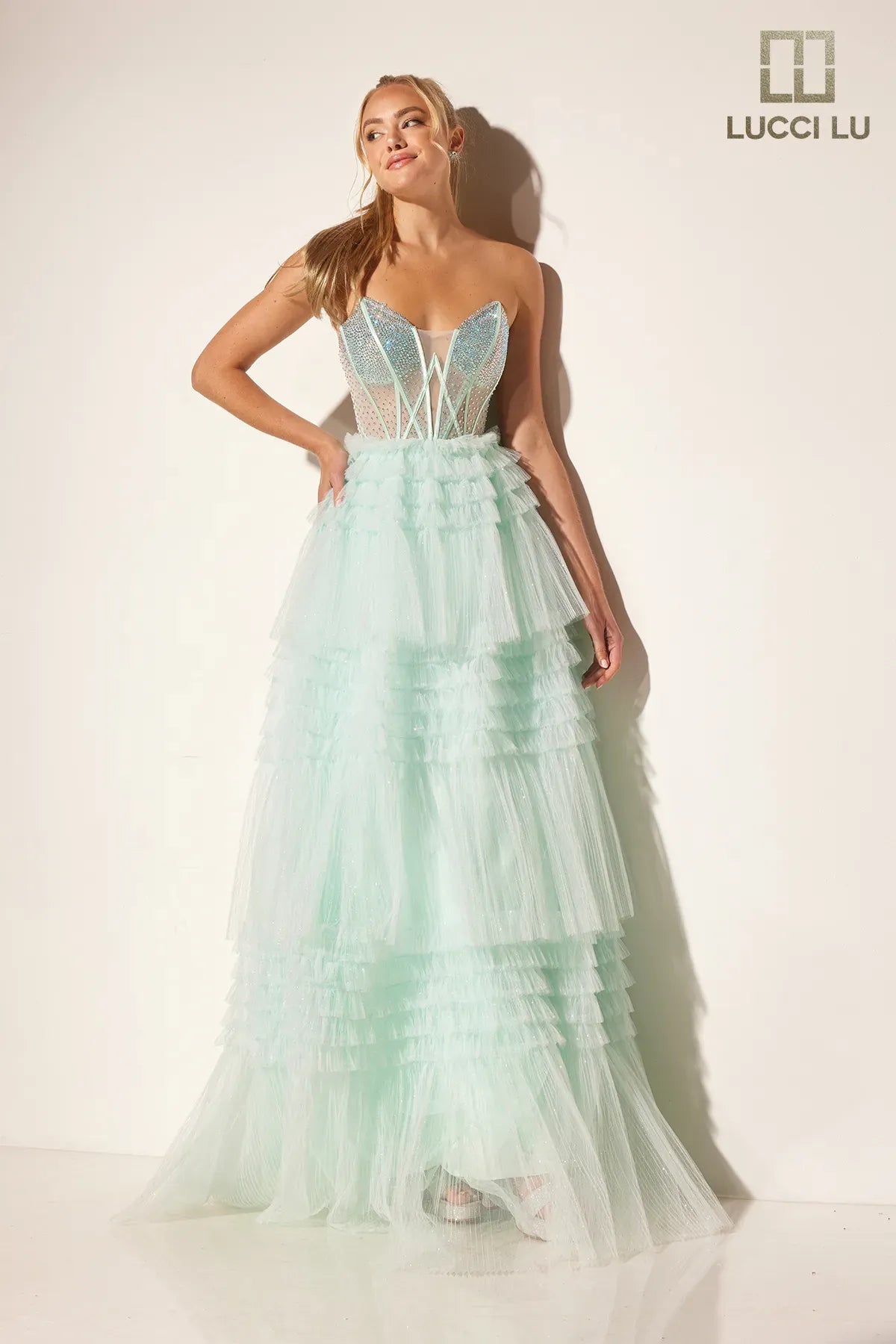 formal dresses for winter balls with faux fur accents --Glitter Strapless A-line Tiered Gown by Lucci Lu 1408 formal dresses for winter balls with faux fur accents --Glitter Strapless A-line Tiered Gown by Lucci Lu 1408