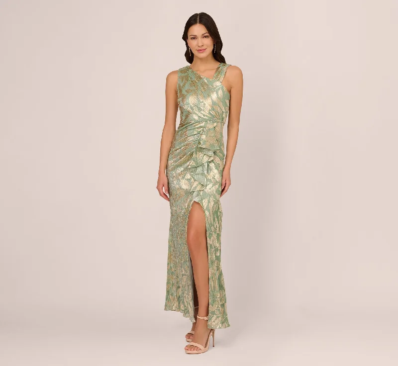 formal dresses with satin fabric for smooth finish --Foil Printed Asymmetric Gown With Ruffled Detail In Sage Gold