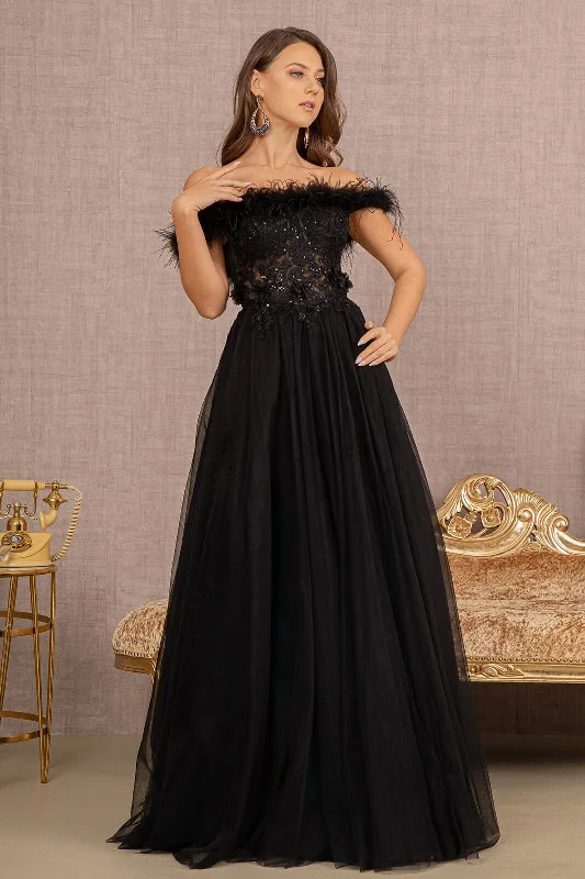Wedding guest dresses that are perfect for a cocktail hour -Off Shoulder Feather A-line Gown by GLS Gloria GL3138 Wedding guest dresses that are perfect for a cocktail hour -Off Shoulder Feather A-line Gown by GLS Gloria GL3138
