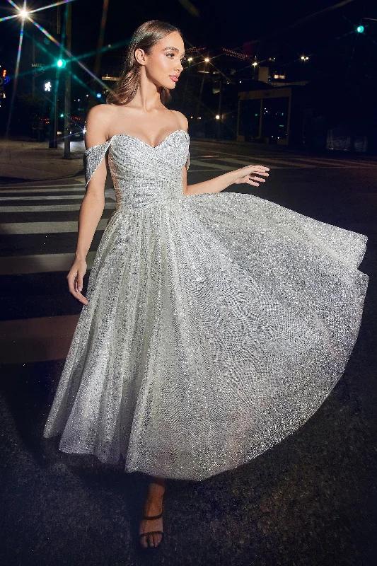Graduation dresses with a deep V-neck for a bold statement -White Off Shoulder Tea Length Glitter Dress by Ladivine CD869W Graduation dresses with a deep V-neck for a bold statement -White Off Shoulder Tea Length Glitter Dress by Ladivine CD869W