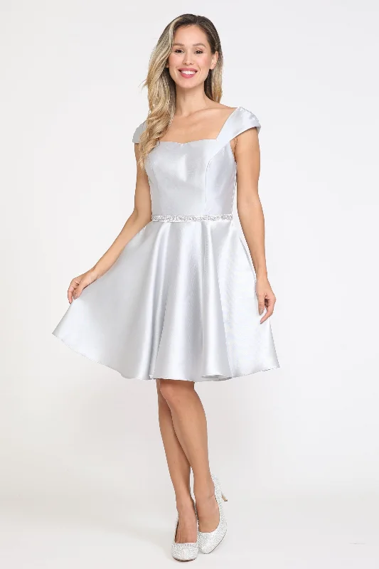 Simple yet elegant graduation dresses for a refined look -Short Cap Sleeve Mikado Dress by Poly USA 8416