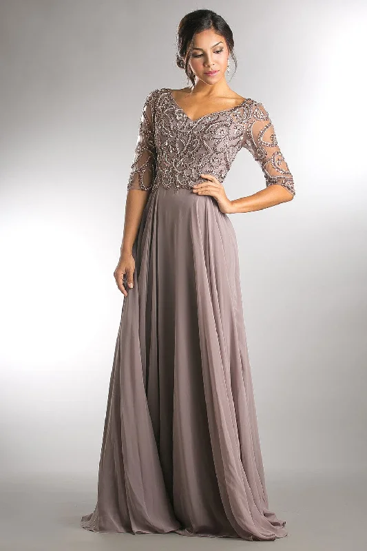 Versatile wedding guest dresses that can be worn again -Beaded 3/4 Sleeve V-Neck Chiffon Gown by Amelia Couture 7046