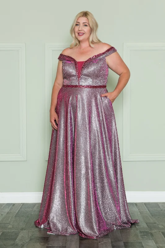 Easy-to-style wedding guest dresses for effortless chic looks -Plus Size Off Shoulder Metallic Glitter Gown by Poly USA W1096 Easy-to-style wedding guest dresses for effortless chic looks -Plus Size Off Shoulder Metallic Glitter Gown by Poly USA W1096