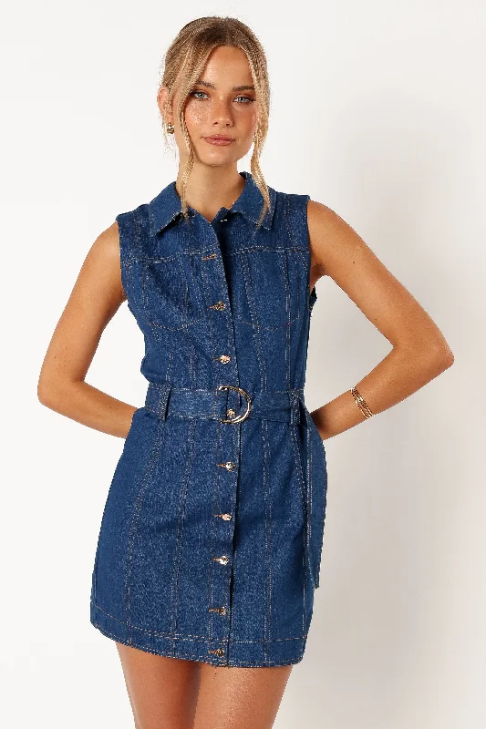 Spring dresses for travel with wrinkle-free fabrics -Parker Mini Dress - Denim
