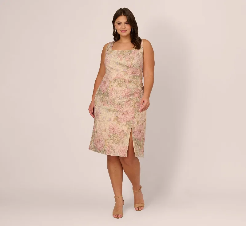 Spring dresses for vacation with an easy-to-wear style -Plus Size Sleeveless Floral Matelasse Sheath Dress With Pleated Details In Rose Multi Spring dresses for vacation with an easy-to-wear style -Plus Size Sleeveless Floral Matelasse Sheath Dress With Pleated Details In Rose Multi