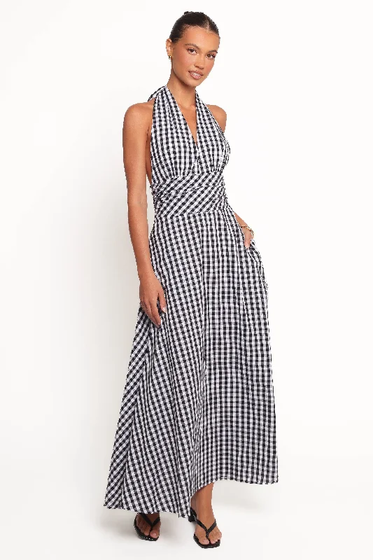 Best dresses for corporate cocktail parties -Solene Maxi Halterneck Dress - Black/White Best dresses for corporate cocktail parties -Solene Maxi Halterneck Dress - Black/White