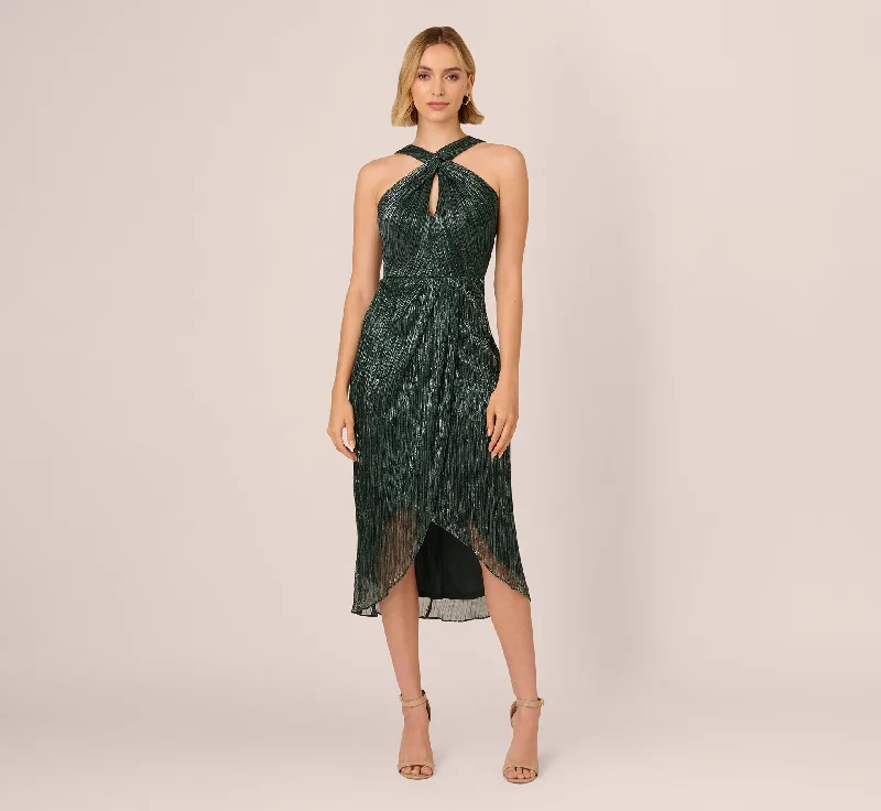 formal dresses with detachable sleeves for multiple looks --Metallic Knit Halter Midi Dress With Wrap Skirt In Green Pine formal dresses with detachable sleeves for multiple looks --Metallic Knit Halter Midi Dress With Wrap Skirt In Green Pine