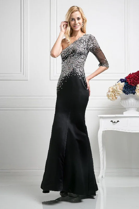 Modest wedding guest dresses for conservative weddings -Sequined Asymmetric Trumpet Dress by Cinderella Divine 8789 Modest wedding guest dresses for conservative weddings -Sequined Asymmetric Trumpet Dress by Cinderella Divine 8789