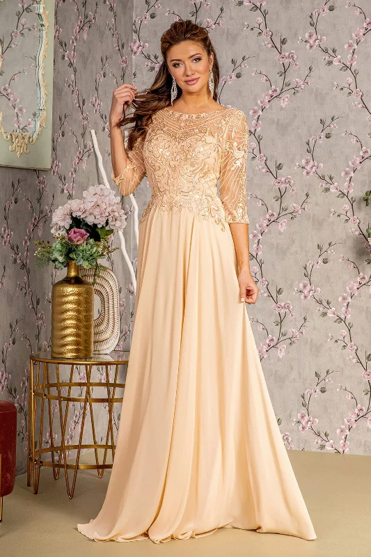 Wedding guest dresses with delicate details for a polished look -Sequin Embroidered 3/4 Sleeve Gown by GLS Gloria GL3446 Wedding guest dresses with delicate details for a polished look -Sequin Embroidered 3/4 Sleeve Gown by GLS Gloria GL3446