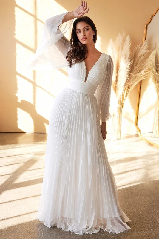 cocktail dresses with layered skirts for dramatic effect --White Pleated Bell Sleeve Gown by Cinderella Divine CD242W cocktail dresses with layered skirts for dramatic effect --White Pleated Bell Sleeve Gown by Cinderella Divine CD242W