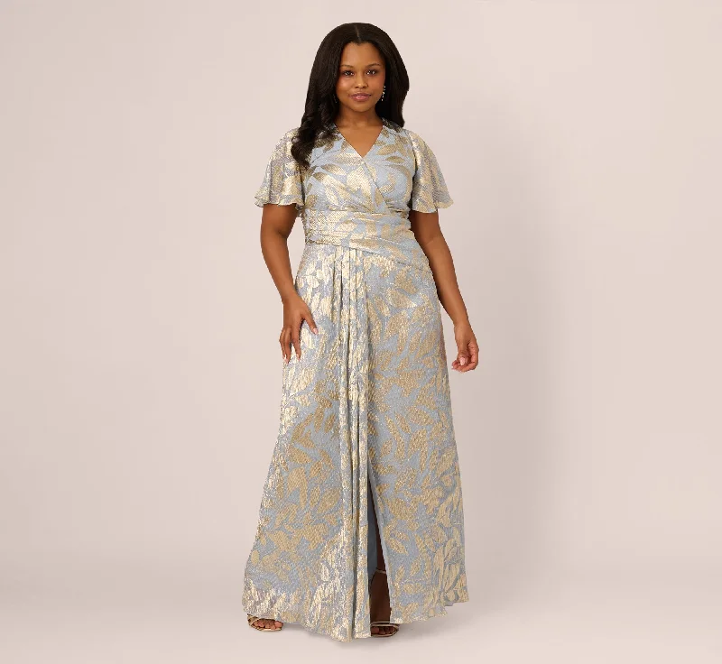 formal dresses for beach parties with light, airy fabrics --Plus Size Foil Leaf Short Sleeve Gown With Draped Details In Light Blue Gold formal dresses for beach parties with light, airy fabrics --Plus Size Foil Leaf Short Sleeve Gown With Draped Details In Light Blue Gold