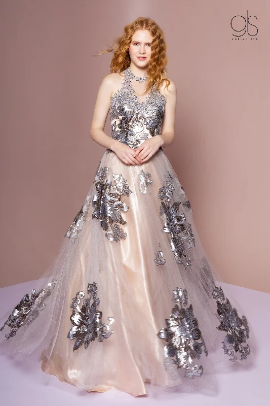 cocktail dresses with velvet bodices for winter glam --Sequin Floral Print Halter Evening Dress by GLS Gloria GL2655