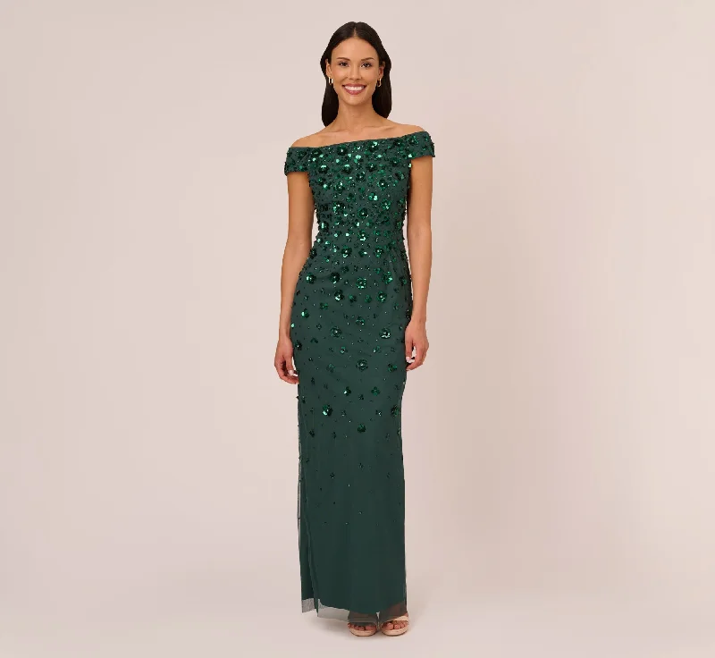 formal dresses for business galas with sleek designs --Off Shoulder Dress With Floral Embellishment In Dusty Emerald