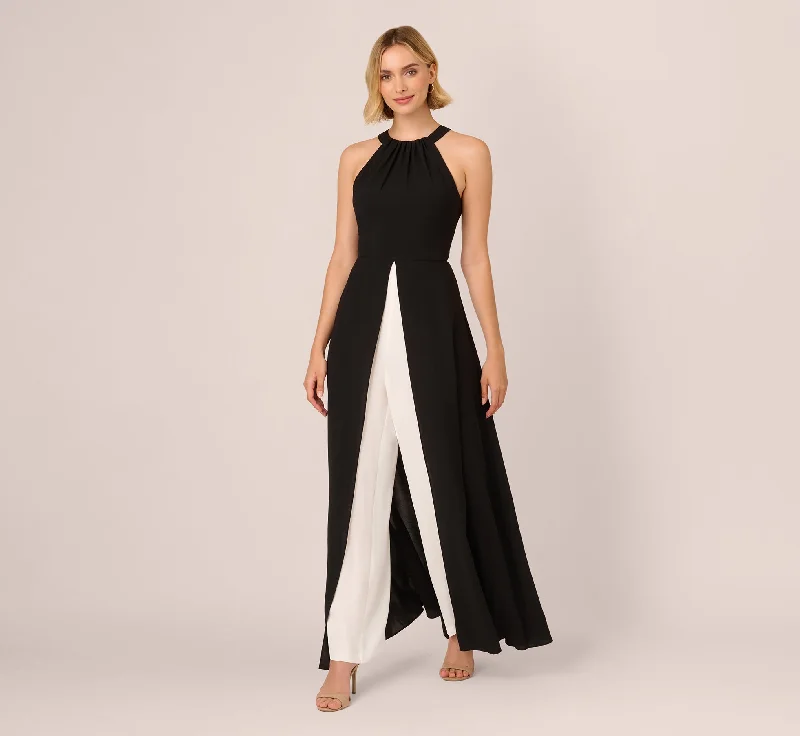 Spring dresses for hot weather with breathable fabrics -Halter Crepe Overlay Jumpsuit In Black Ivory Spring dresses for hot weather with breathable fabrics -Halter Crepe Overlay Jumpsuit In Black Ivory