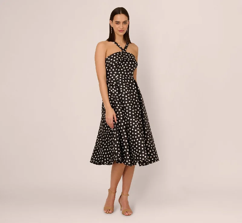 Spring dresses with sleeves for cooler days -Polka Dot Halter Fit And Flare Midi Dress In Black Ivory Spring dresses with sleeves for cooler days -Polka Dot Halter Fit And Flare Midi Dress In Black Ivory