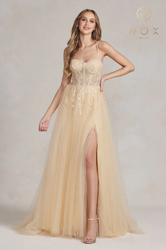 formal dresses with asymmetrical hemlines for trendy looks --Applique Corset Tulle Slit Gown by Nox Anabel J1089 formal dresses with asymmetrical hemlines for trendy looks --Applique Corset Tulle Slit Gown by Nox Anabel J1089