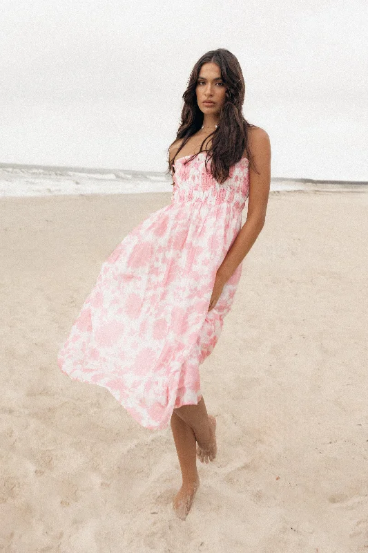 Spring dresses for a night out with a chic, edgy style -Carter Strapless Midi Dress - Pink Floral