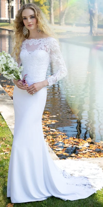 Simple but stylish dresses for minimalist wedding guests -Long Sleeve V Back Crepe Dress with Embellished Appliques Simple but stylish dresses for minimalist wedding guests -Long Sleeve V Back Crepe Dress with Embellished Appliques