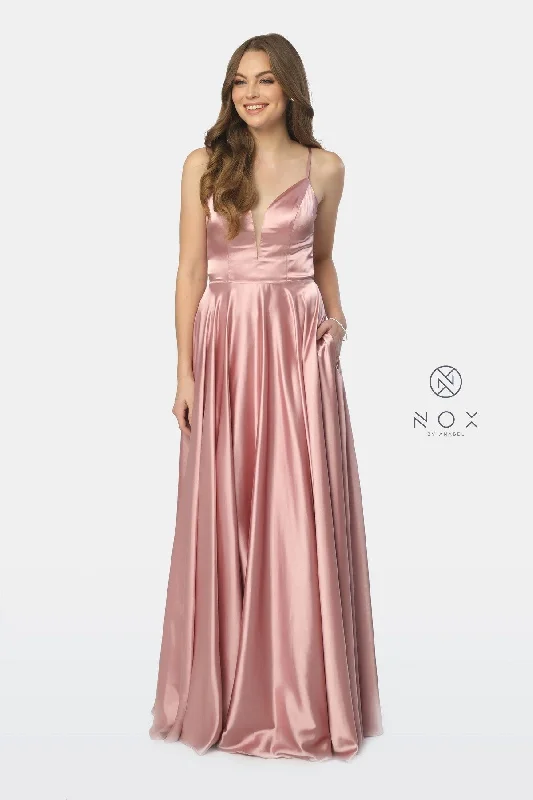 Wedding guest dresses in feminine floral prints -Long Satin V-Neck Dress with Open Caged Back by Nox Anabel A180