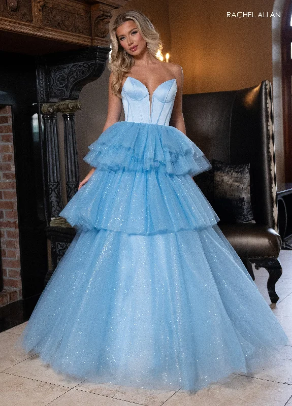 sleeveless cocktail dresses in satin fabric for summer nights --Strapless Tiered Ball Gown by Rachel Allan 70876 sleeveless cocktail dresses in satin fabric for summer nights --Strapless Tiered Ball Gown by Rachel Allan 70876
