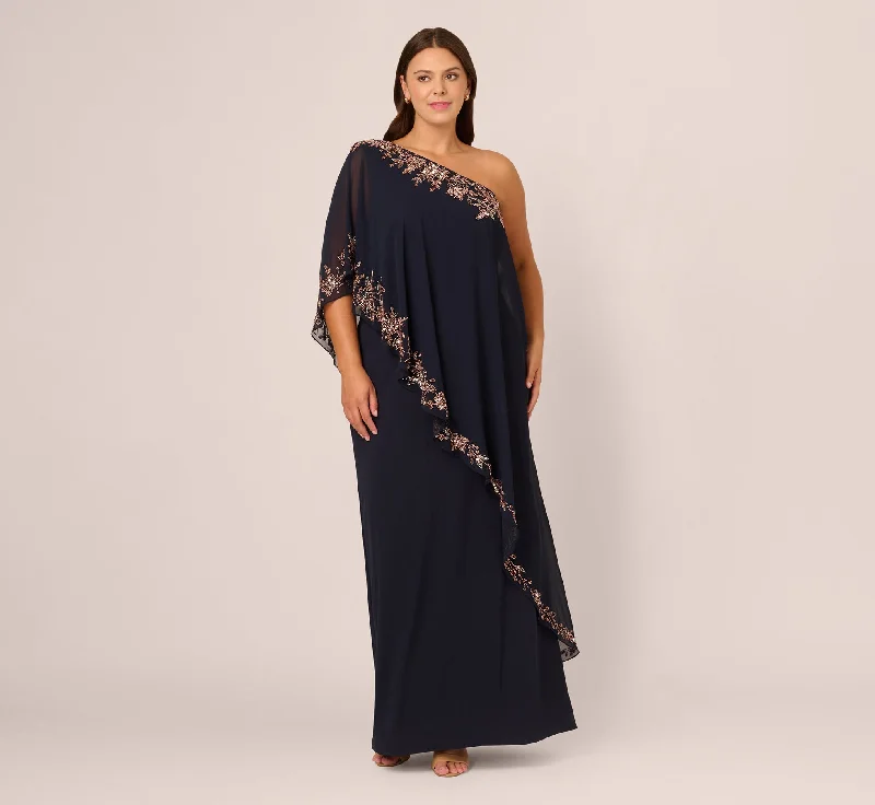 formal dresses with sequined bodices for sparkle --Plus Size One Shoulder Bead Chiffon Cape Dress In Navy Rosegold formal dresses with sequined bodices for sparkle --Plus Size One Shoulder Bead Chiffon Cape Dress In Navy Rosegold