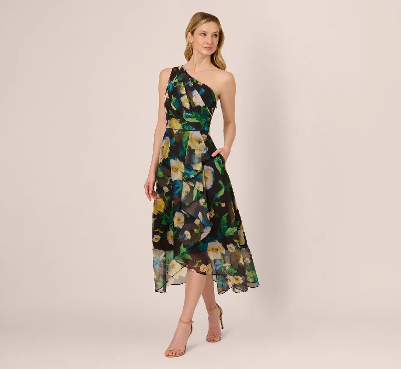 Wedding guest dresses that stand out without being too flashy -One Shoulder Floral Chiffon High Low Midi Dress In Black Yellow Multi Wedding guest dresses that stand out without being too flashy -One Shoulder Floral Chiffon High Low Midi Dress In Black Yellow Multi