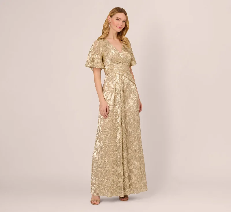 formal dresses with adjustable waist ties for comfort --Foil Leaf Short Sleeve Gown With Draped Details In Champagne Gold formal dresses with adjustable waist ties for comfort --Foil Leaf Short Sleeve Gown With Draped Details In Champagne Gold