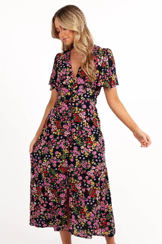 cocktail dresses with pockets for convenience and style --Owena Midi Dress - Midnight Daisy cocktail dresses with pockets for convenience and style --Owena Midi Dress - Midnight Daisy
