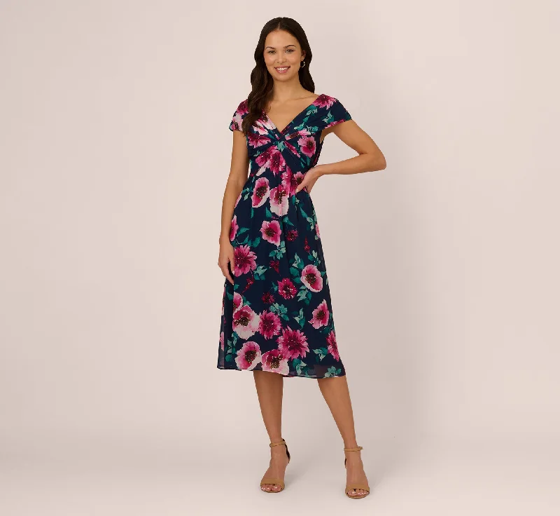 Spring dresses for evening events with a chic touch -Cap Sleeve Floral Chiffon A Line Midi Dress In Navy Pink Multi Spring dresses for evening events with a chic touch -Cap Sleeve Floral Chiffon A Line Midi Dress In Navy Pink Multi