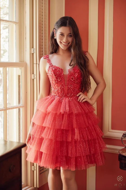 Graduation dresses for summer ceremonies with lightweight options -Applique Short Sleeveless Tiered Dress by Nox Anabel E904 Graduation dresses for summer ceremonies with lightweight options -Applique Short Sleeveless Tiered Dress by Nox Anabel E904