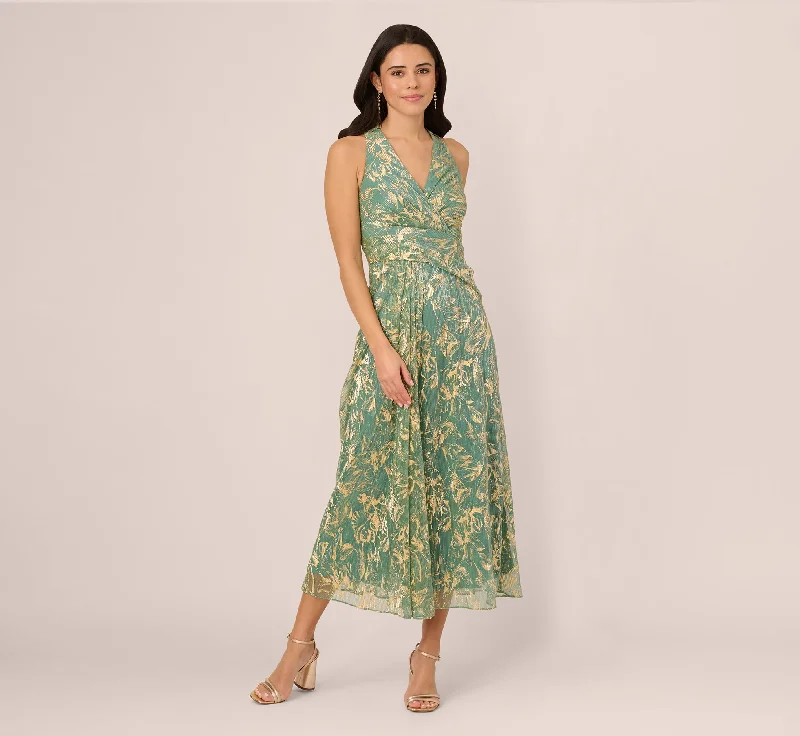 Best wedding guest dresses for destination weddings by the beach -Sleeveless Metallic Crinkle Midi Dress In Sage Gold Best wedding guest dresses for destination weddings by the beach -Sleeveless Metallic Crinkle Midi Dress In Sage Gold