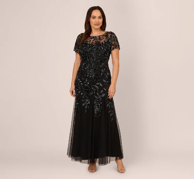 formal dresses for beach parties with light, airy fabrics --Plus Size Hand Beaded Short Sleeve Floral Godet Gown In Black Gunmetal