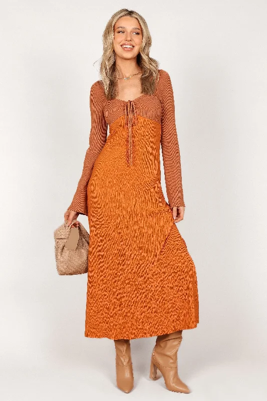 Spring dresses for plus-size women -Lirique Long Sleeve Maxi Dress - Tan/Orange