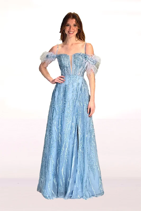 cocktail dresses with off-shoulder ruffles for feminine vibe --Glitter Feather Cold Shoulder Gown by Abby Paris 90270 cocktail dresses with off-shoulder ruffles for feminine vibe --Glitter Feather Cold Shoulder Gown by Abby Paris 90270