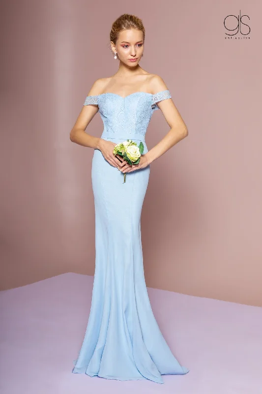 bridesmaid dresses with ruched bodices for flattering fit --Long Off the Shoulder Dress with Lace Bodice by Elizabeth K GL2697