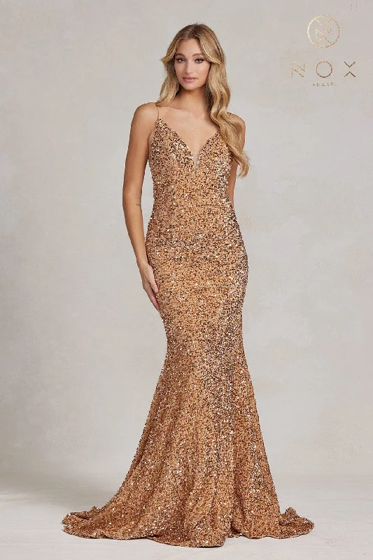 Wedding guest dresses for formal and stylish events -Sequin V-Neck Mermaid Gown by Nox Anabel R1071 Wedding guest dresses for formal and stylish events -Sequin V-Neck Mermaid Gown by Nox Anabel R1071