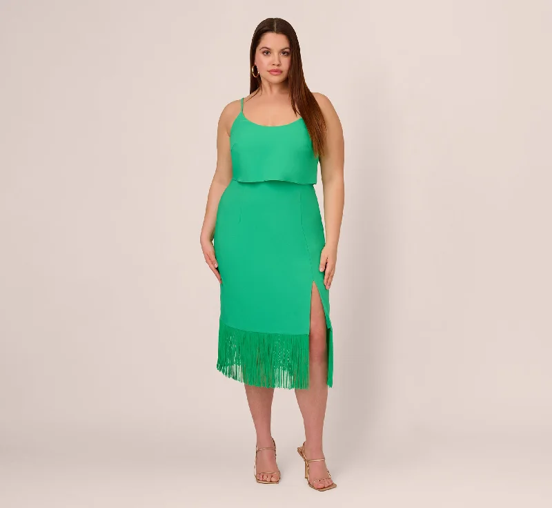 Wedding guest dresses for an upscale wedding with high fashion -Plus Size Stretch Crepe Popover Midi Dress With Fringe Hem In Summer Green Wedding guest dresses for an upscale wedding with high fashion -Plus Size Stretch Crepe Popover Midi Dress With Fringe Hem In Summer Green