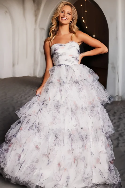 formal dresses with satin fabric for smooth finish --Print Strapless A-line Ruffled Gown by Jovani 38608 formal dresses with satin fabric for smooth finish --Print Strapless A-line Ruffled Gown by Jovani 38608