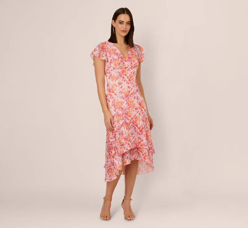 Fun and flirty wedding guest dresses for outdoor parties -Flutter Sleeve Floral Stripe Flounce Midi Dress In Peri Coral Multi Fun and flirty wedding guest dresses for outdoor parties -Flutter Sleeve Floral Stripe Flounce Midi Dress In Peri Coral Multi