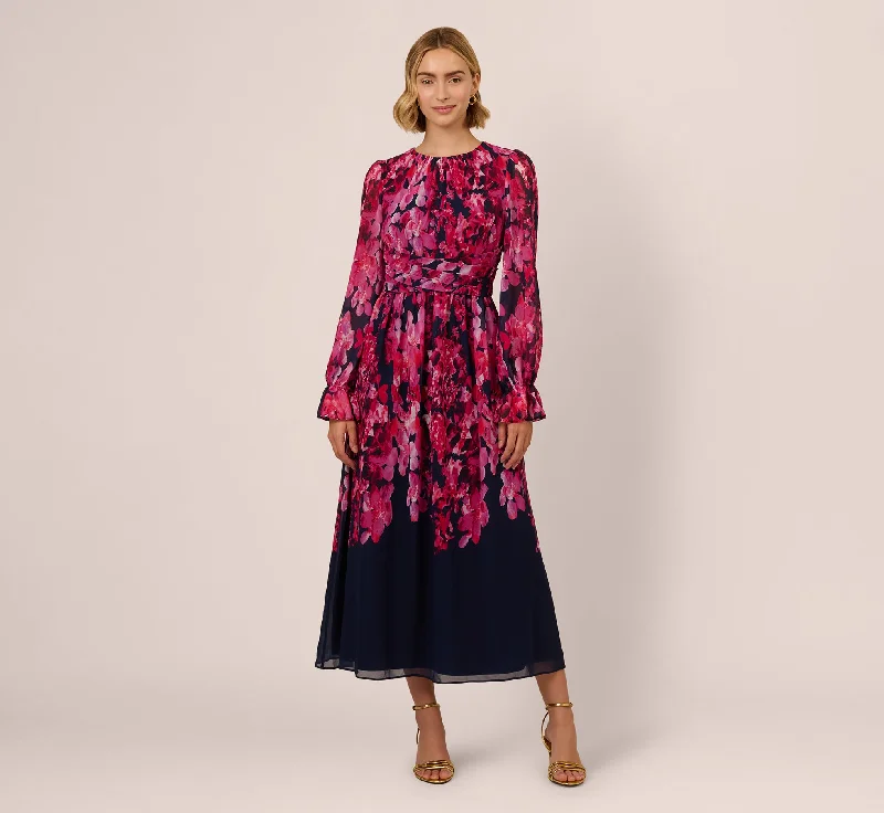 High-neck spring dresses for a refined style -Floral Wrap Waist Ankle Dress In Navy Pink Multi High-neck spring dresses for a refined style -Floral Wrap Waist Ankle Dress In Navy Pink Multi