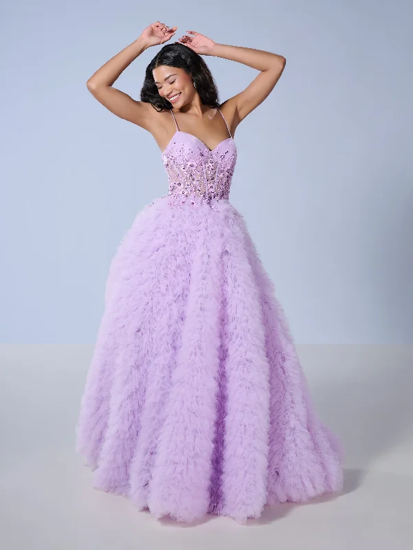 cocktail dresses with sequined bodices for sparkle --Sleeveless Ruffled A-line Gown by Tiffany Designs 16252