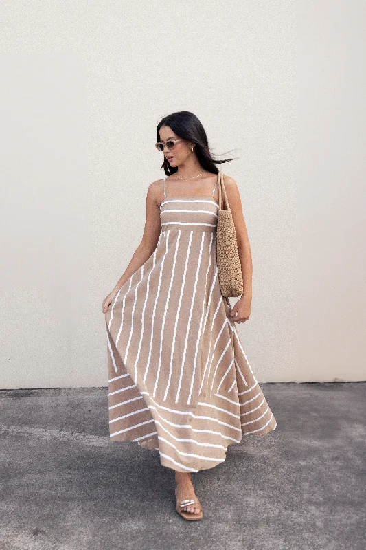 Lightweight party dresses for tropical celebrations -Brea Maxi Dress - Tan Stripe