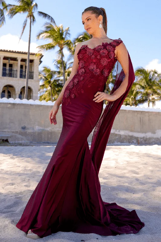 Wedding guest dresses for a romantic, vintage-inspired vibe -3D Floral One Shoulder Cape Gown by Amelia Couture 388 - Outlet Wedding guest dresses for a romantic, vintage-inspired vibe -3D Floral One Shoulder Cape Gown by Amelia Couture 388 - Outlet