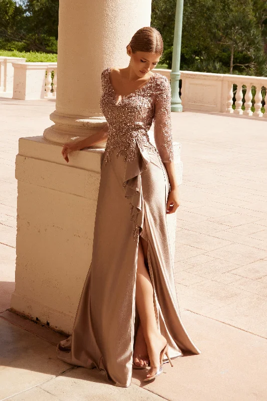 How to accessorize wedding guest dresses for the perfect look -Beaded 3/4 Sleeve Slit Gown by Nox Anabel ME126 How to accessorize wedding guest dresses for the perfect look -Beaded 3/4 Sleeve Slit Gown by Nox Anabel ME126