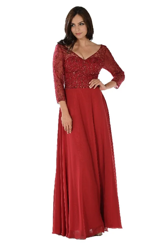 Wedding guest dresses that fit in a casual setting -Embroidered Long V-Neck Dress with Sleeves by Poly USA 7808 Wedding guest dresses that fit in a casual setting -Embroidered Long V-Neck Dress with Sleeves by Poly USA 7808