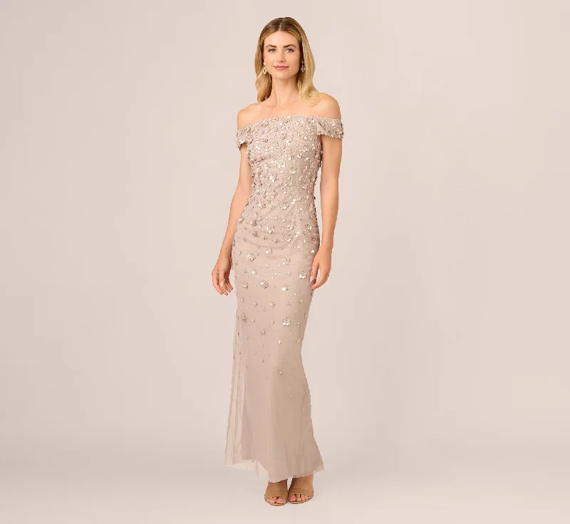 formal dresses with wrap design for adjustable fit --Off Shoulder Dress With Floral Embellishment In Marble
