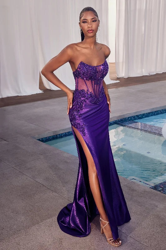 formal dresses with floral embroidery for spring occasions --Fitted Applique Satin Strapless Corset Gown by Ladivine CDS489 formal dresses with floral embroidery for spring occasions --Fitted Applique Satin Strapless Corset Gown by Ladivine CDS489