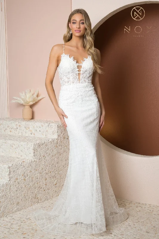cocktail dresses with wrap skirts for adjustable fit --White Fitted Glitter Print Mermaid Dress by Nox Anabel R282-1W